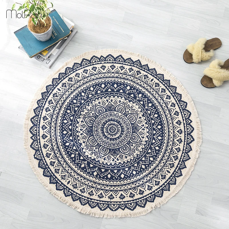 

Bohemian Retro Hand Woven Carpet with Tassels Mandala Print Floor Mat Living Room Cotton Linen Bedside Rug Bedroom Home Decor