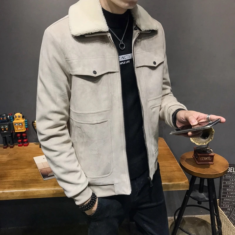 Г. nueva chaqueta de cuero de ante forrada de algodón para invierno con capucha cuello de abrigos de piel sinttetica Hombre Abr