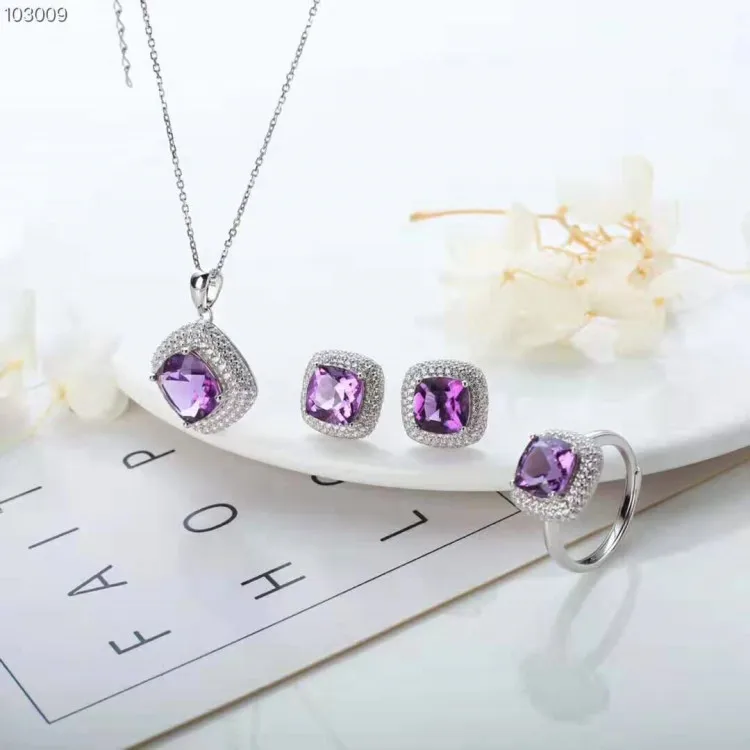 

New Style Europe And America Gemstone Jewelry 925 Silver Inlaid Natural Amethyst Pendant Ring Earings Set