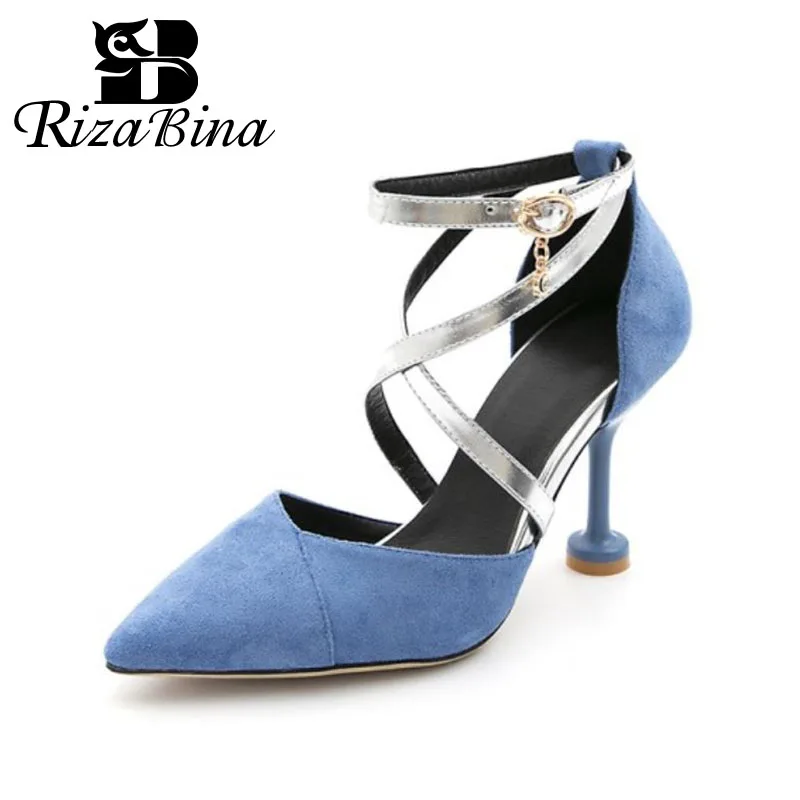 

RizaBina Women Pumps Pointed Toe Cross-Tied Ankle Strap Pearl Thin Heel Suede Leather Solid Color Party Shoes Size 30-45