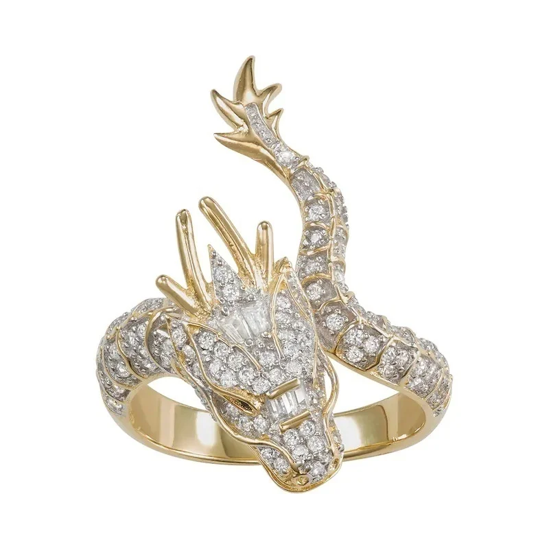 

Luxury Gold Bling Bling Zircon Dragon Rings Personality Cocktail Party Men Women's Rings Wedding Band Engagement Jewelry Gifts