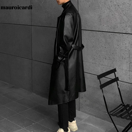 Mauroicardi 남성용 오버사이즈 인조 가죽 트렌치 코트, 2022 드롭 숄더 벨트, 긴 블랙, 봄 가을 4