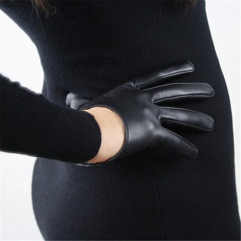 Real Leather Black 13 см Ультра короткие перчатки с сенсорным экраном, эмуляция кожи, зеркальный Яркий кожаный светильник, розовый цвет вишни, розовый цвет, Женский PU115 - Цвет: Real Leather Black
