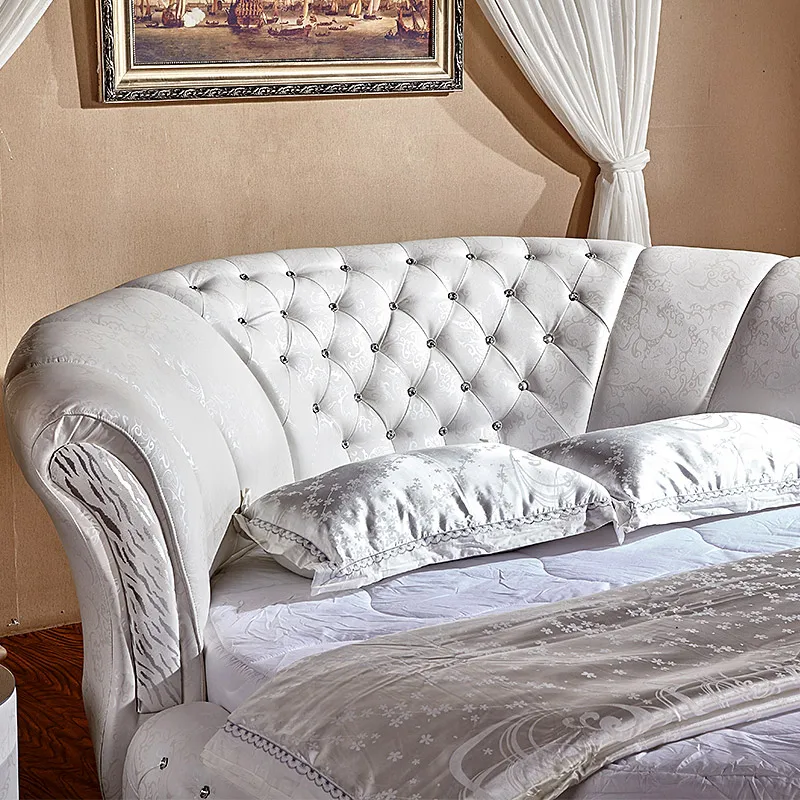 Genuine Leather multifunctional bed frame Nordic camas ultimate bed round night stands with crystal buttons white color