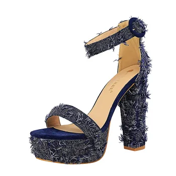 

1660-2 Ultra-high Thick Heel Waterproof Tablecloth Surface Denim Word Strip Sexy Nightclub Summer Sandals Zapatos De Mujer