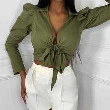 

Ladies Puff Sleeve Green Short Top Deep V Neck Sexy Lace-up Slim Hollow Navel Folding Short Ladies Long Sleeve Top Streetwear