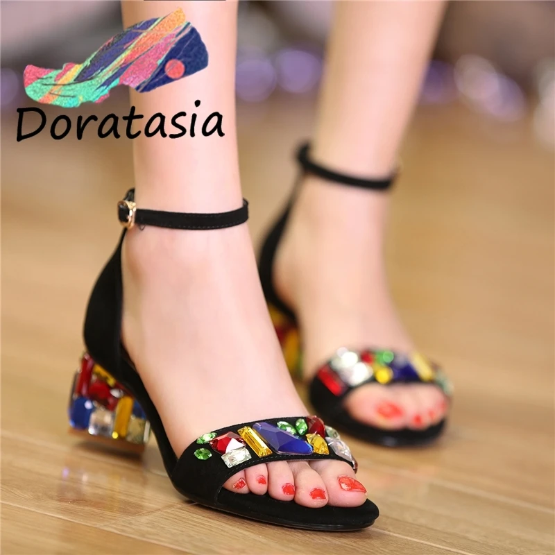 

DORATASIA Fashion Lady Genuine Leather Sandals Colorful Crystal Ankle Strap Flock Summer Sandals Women Holiday Shoes Woman