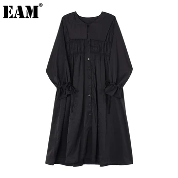 

[EAM] Women Black Pleated Split Joint Big Size Dress New Round Neck Long Sleeve Loose Fit Fashion Tide Spring Autumn 2020 1DA434