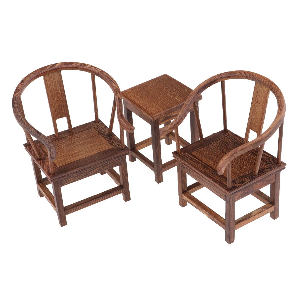 Dollhouse Solid Wenge Miniature Furniture Wooden Tea Table W. Armchair Set