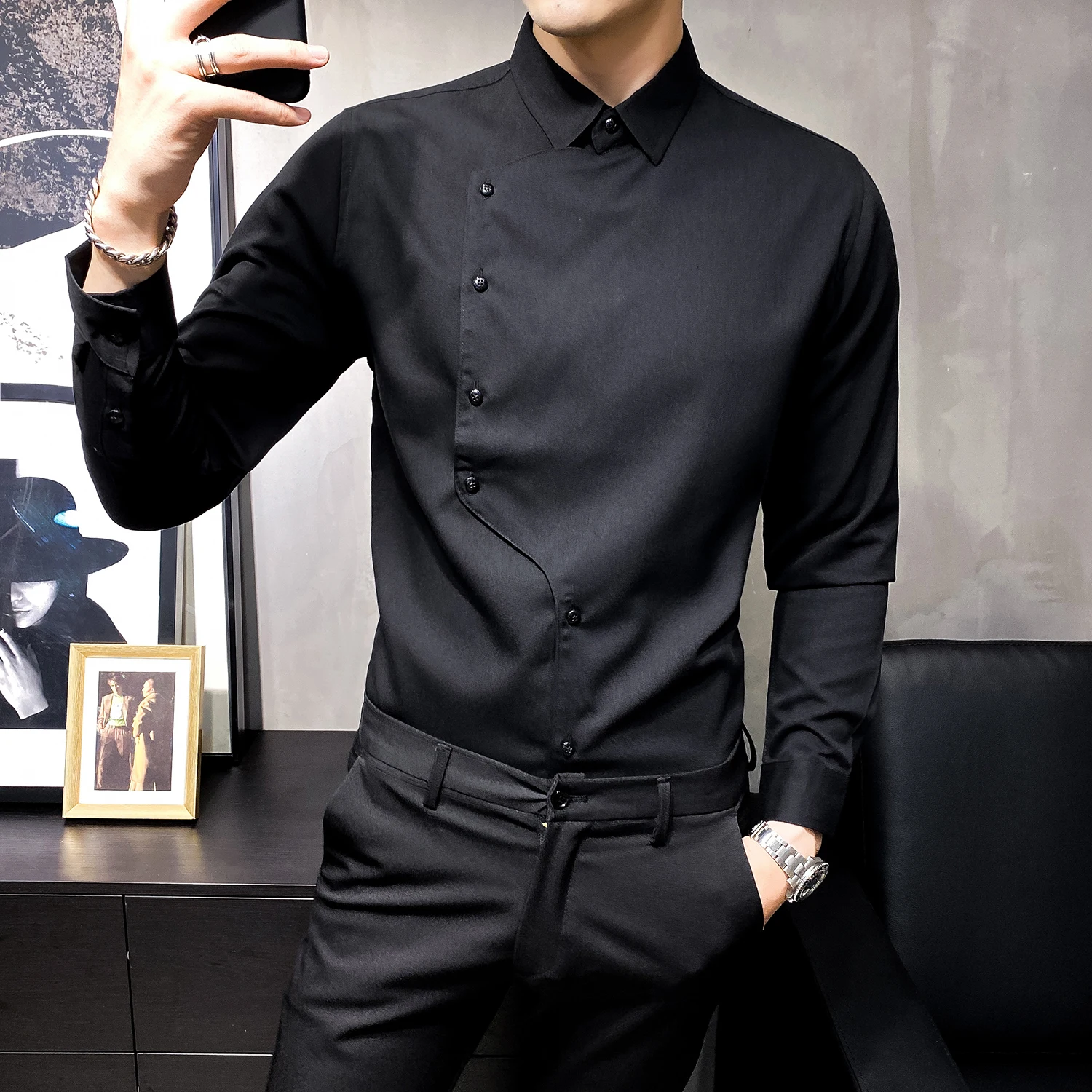 British Style Partial Placket Shirt Men 