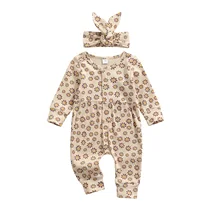 

2Pcs Newborn Casual Autumn Cotton Outfits Toddler Flower Print Long Sleeve Round Neck Jumpsuit Bowknot Headband