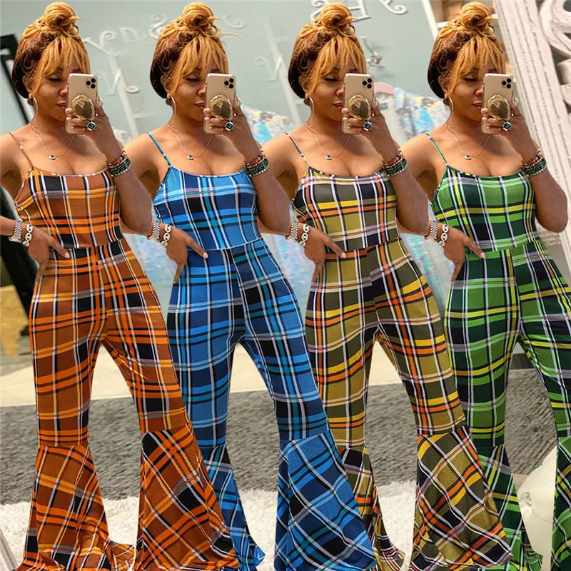 

Sleeveless Strap Plaid Print Jumpsuit Rompers Trousers 2020 New Sexy Women High Waist Long Pants Flared Bottoms Summer Jumpsuit