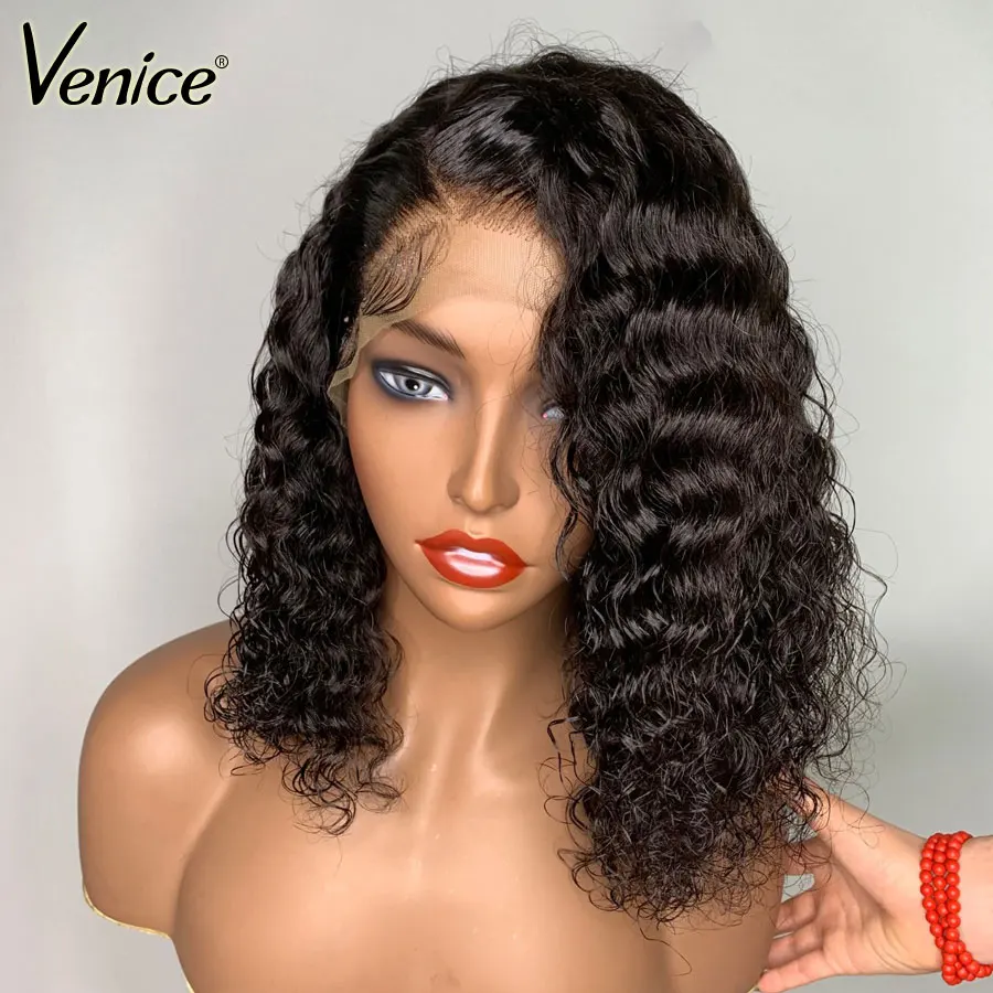 Венеция вьющиеся 13x6 Синтетические волосы на кружеве человеческих волос парики для чернокожих Для женщин поддельные головы парики для