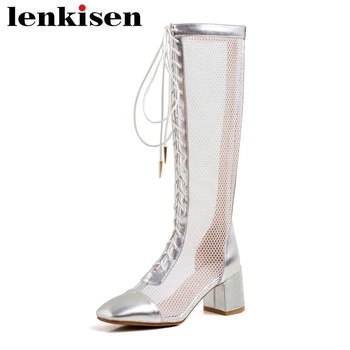 

Lenkisen large size mesh square toe high heels high quality brand shoes women beauty lady summer sunscreen mid-calf boots L3f2