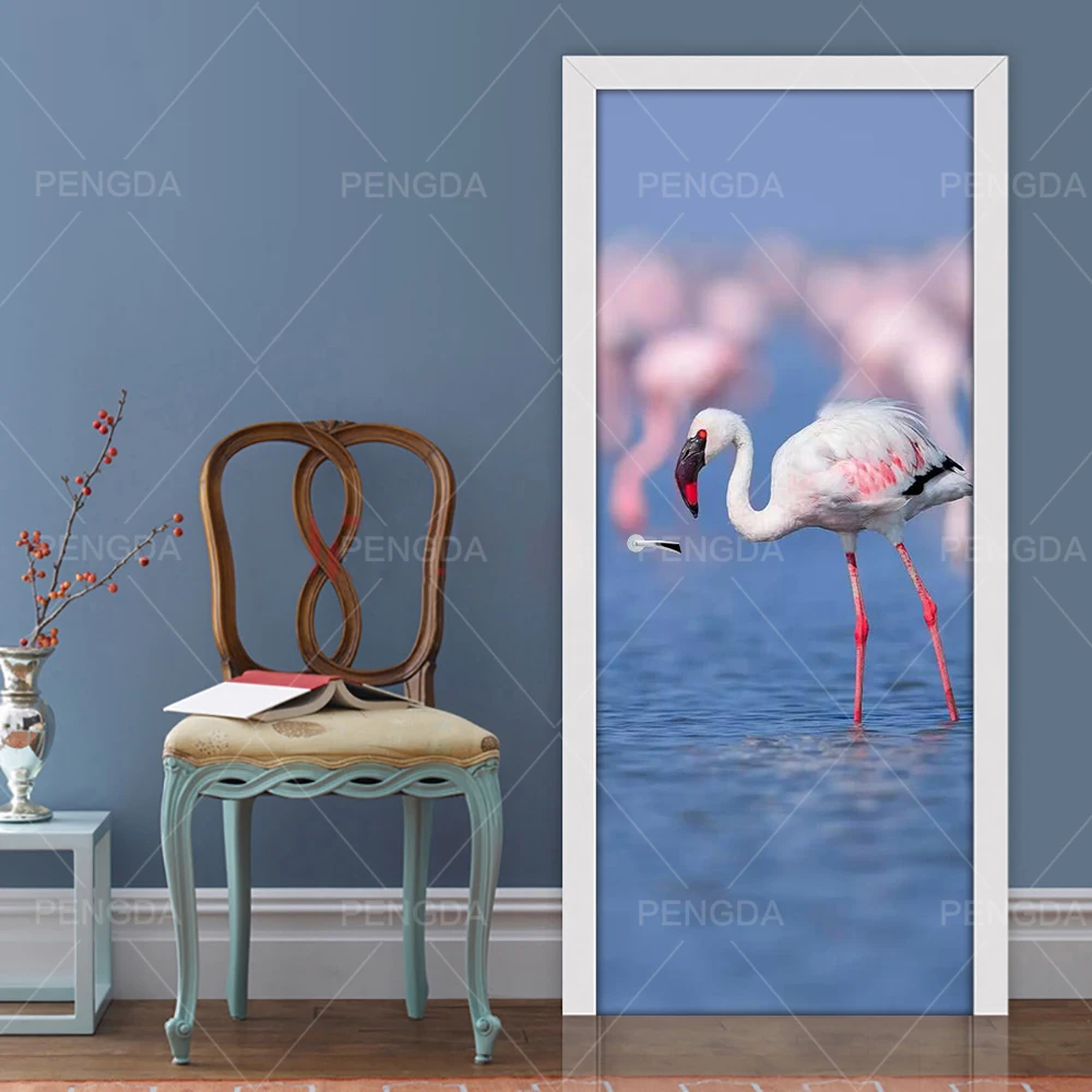 Печать Искусство 3D обновление двери наклейки Фламинго с животными из ПВХ обои домашний Декор Картина самоклеющиеся водоотталкивающие обои спальня - Цвет: Door YXCV2560-05