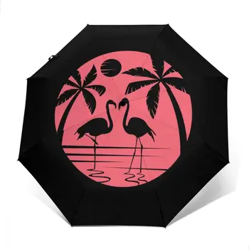 

Sunny Umbrella Flamingos On Sea And Coconut Tree Automatic folding portable men women Sunscreen rain Windproof beach parasol