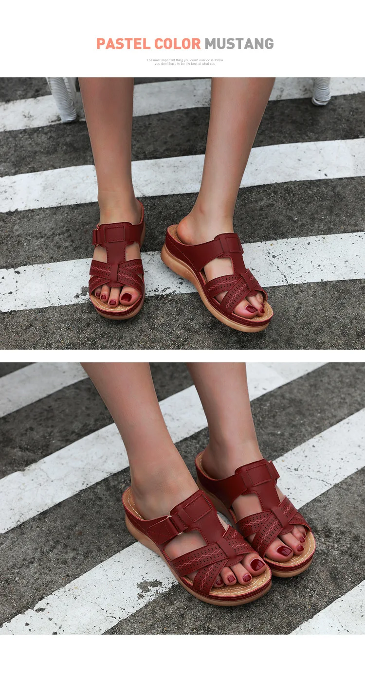 2022 Summer Women Wedge Sandals Premium Orthopedic Open Toe Sandals Vintage Anti-slip Leather Casual Female Platform Retro Shoes