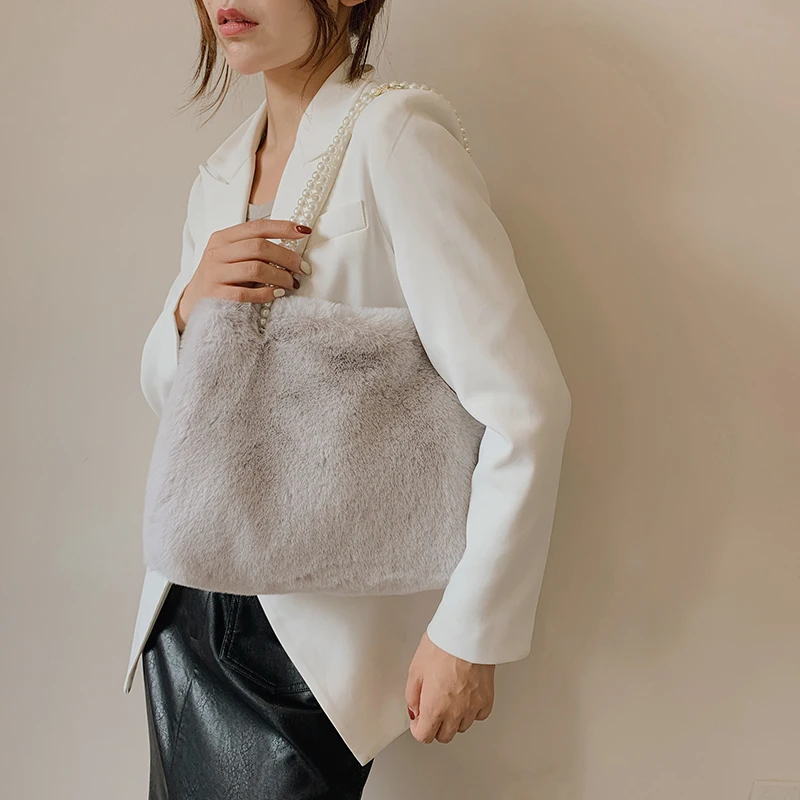 Pearl Plush Tote Bags For Women 2022 Winter Solid Furry Luxury Designer Handbag Soft Fluffy Bag Fur Shoulders Bags Lady's Purse