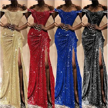 

Sequined Split Long Evening Dress Mermaid Off The Shoulder Prom Party Dress Evening Formal Gown Black Champagne Prom Downs