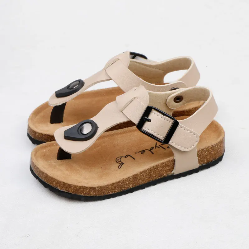 Children Slides Boy Girl Sandals Cool Design with Cork Flat Shoes Non-Slip Casual Summer Toddler Sandals Leather Kids Flip Flops