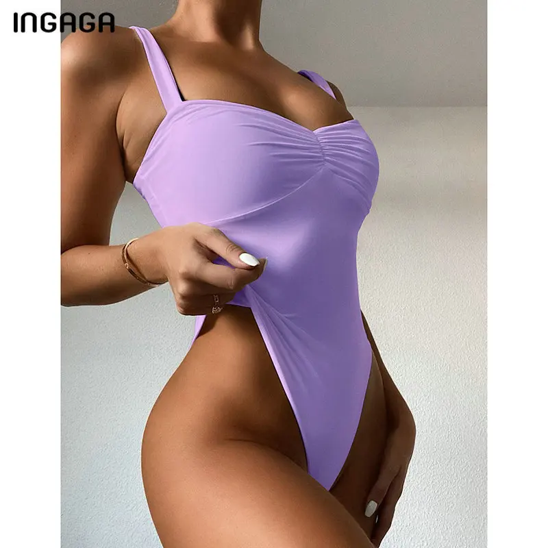

INGAGA High Cut One Piece Swimsuits Push Up Swimwear Women Solid Bodysuit Sexy Ruched Bathers 2020 New Lavender Bathing Suits