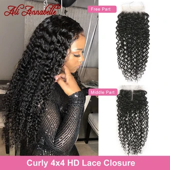 

HD Lace Closure Brazilian Curly Human Hair Closure Free/Middle Part 4x4 Swiss HD Lace Closure with Baby Hair ALI ANNABELLE HD