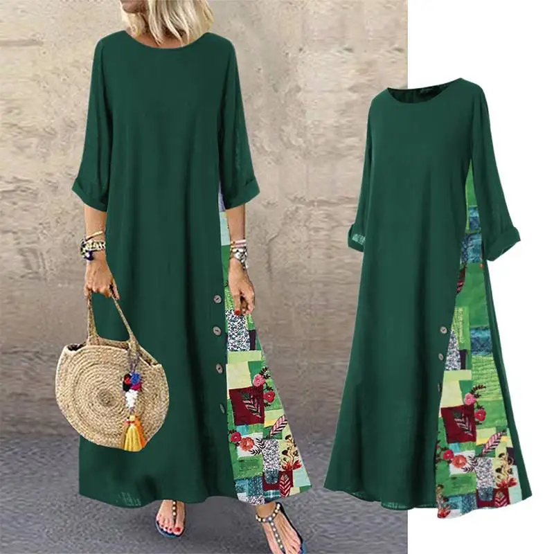 ZANZEA женские платья осень лето зима Vestidos Длинное Макси платье цветочный принт Лоскутная Кнопка Повседневный Плюс размер Сарафан