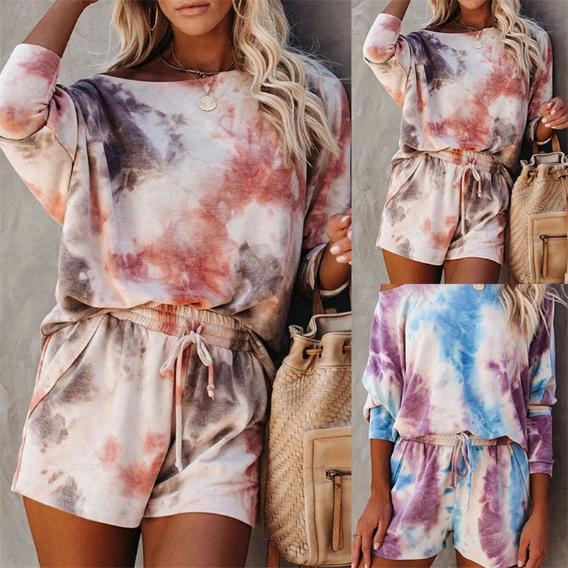 

Ladies Simple Style Homewear Set, Autumn Women Breathable Long Sleeve Round Neck Unique Printing Dyeing Leisure Wear