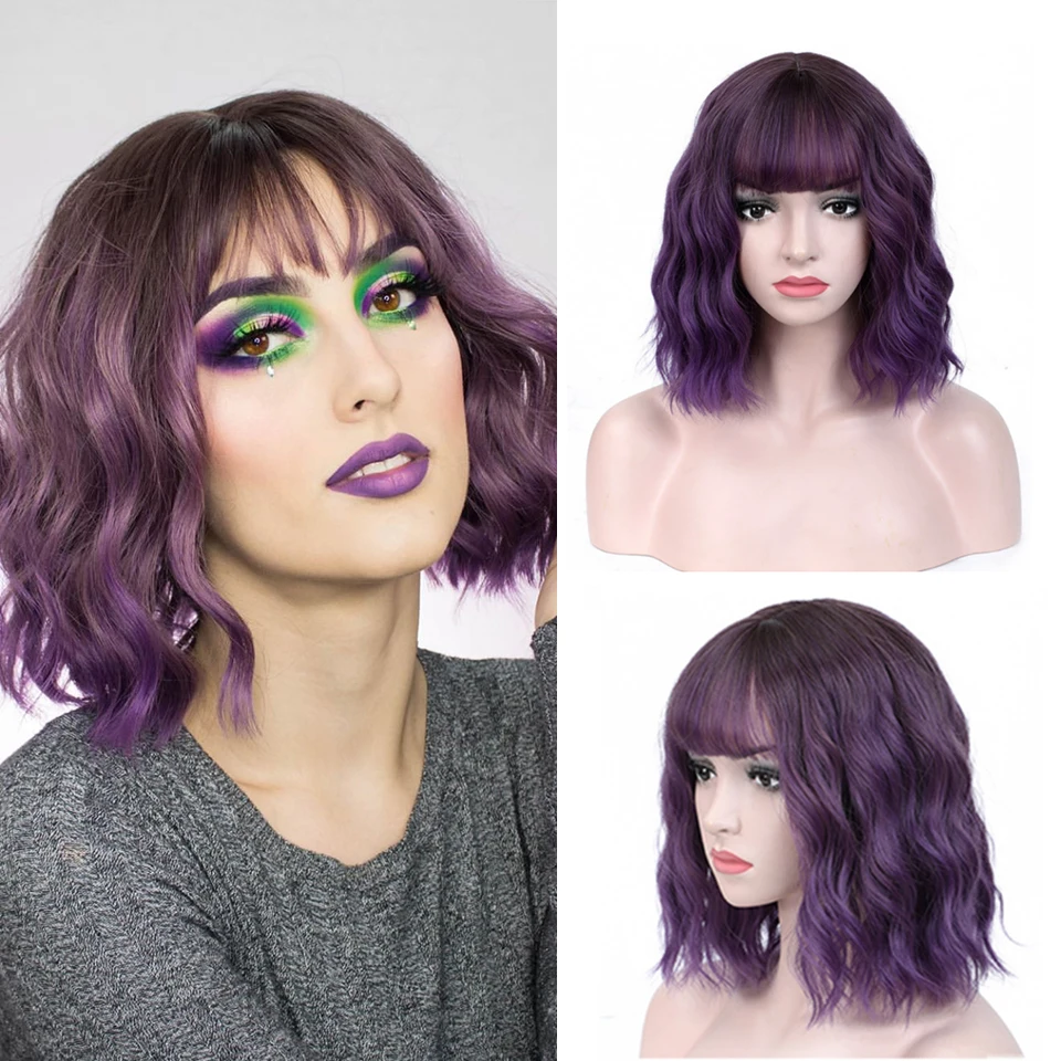 

FREEWOMAN Purple Synthetic Wig Lolita Short Bob Wig With Bangs Cosplay Water Wave Synthetic Hair Wig Styled Wigs For Women Pink