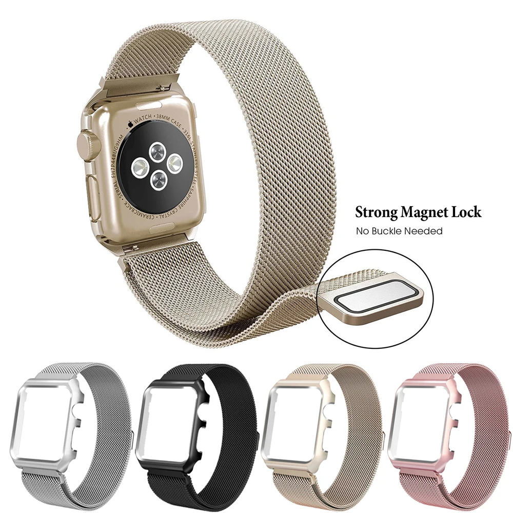 

Milanese Bracelet Strap and Protective Case Loop Magnetic Mesh Watches Accessories For apple watch 5 band 4 44mm 40mm Stainless Steel Strap with Metal Bumper Face Case Compatible with For iwatch Series 3 2 1 38mm 42mm