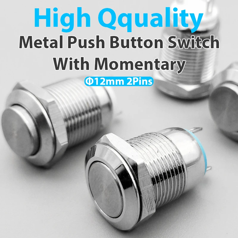12mm metal push button waterproof nickel plated brass switch high head Round shape momentary self reset 1NO 12GT.F.C 2 pins 12mm metal push button waterproof nickel plated brass switch high head Round shape momentary self reset 1NO 12GT.F.C 2 pins