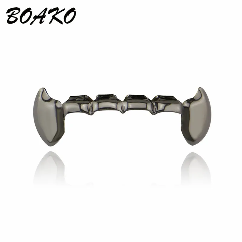 BOAKO хип хоп золотые зубы Grillz Топ и низ 6 зубов набор для девочек стоматологический Косплей вампирский зуб шапки раппер ювелирные изделия мужские вечерние подарки - Окраска металла: Black Bottom