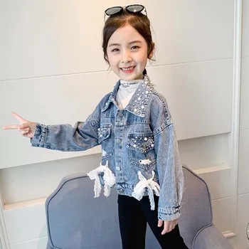 

Autumn Baby Girl Pearl Lace Design Denim Jacket Coat Outdoor Long Sleeve Outerwear a