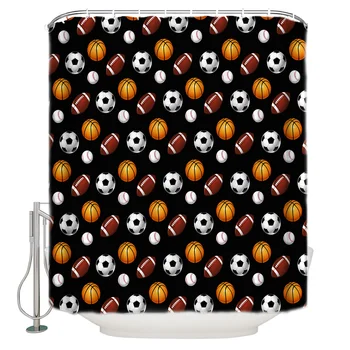 

Shower Curtain Waterproof Polyester With 12 Hooks Baseball Basketball Football Sports Black