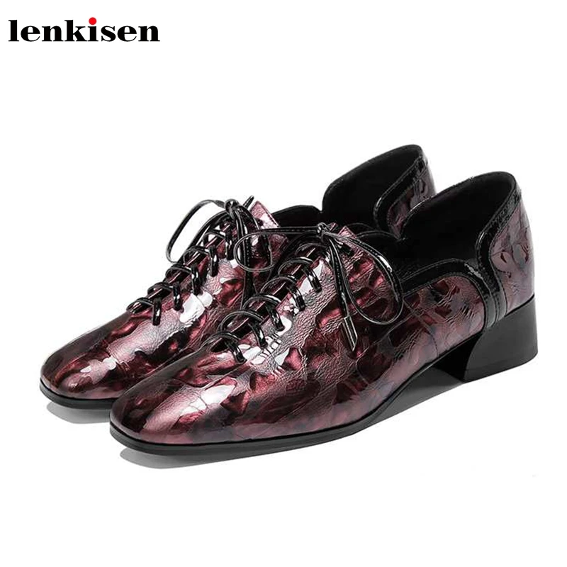 

Lenkisen breathable print cow leather square toe med heels basic lace up fashion leisure British school autumn women pumps L82