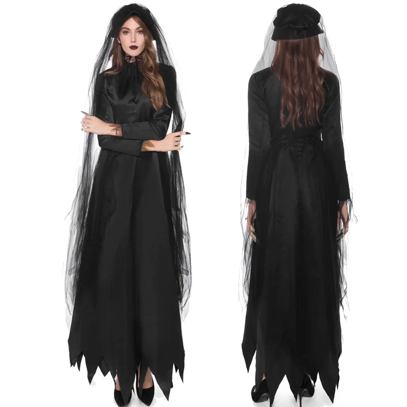 

Vampire Day of The Dead Witch Gothic Bride Scary Costume Women Halloween Dress Carnival Party Horror Devil Spooky Fancy Cloak