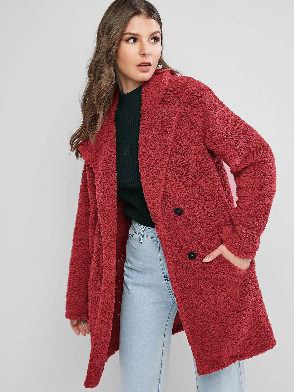 Cherry Red ZAFUL женское длинное пальто из искусственного меха с нагрудным карманом, осенне-зимняя теплая мягкая куртка, повседневная плюшевая верхняя одежда, женское плюшевое пальто - Цвет: Cherry Red