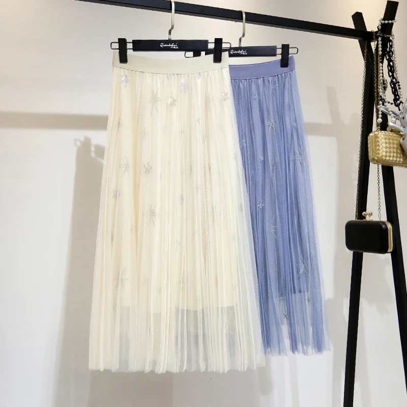 LANMREM Весенняя новая Корейская стильная сетчатая свободная расшитая Блестками одежда до середины икры с принтом модная женская летняя юбка QG703