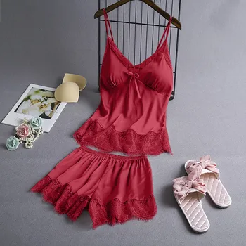 

Nightdress Suit Women's Underpants Set V-Neck Eyelash Silk Lace Sexy Stain Camisole Pajamas Bowknot Shorts Set seamless panties