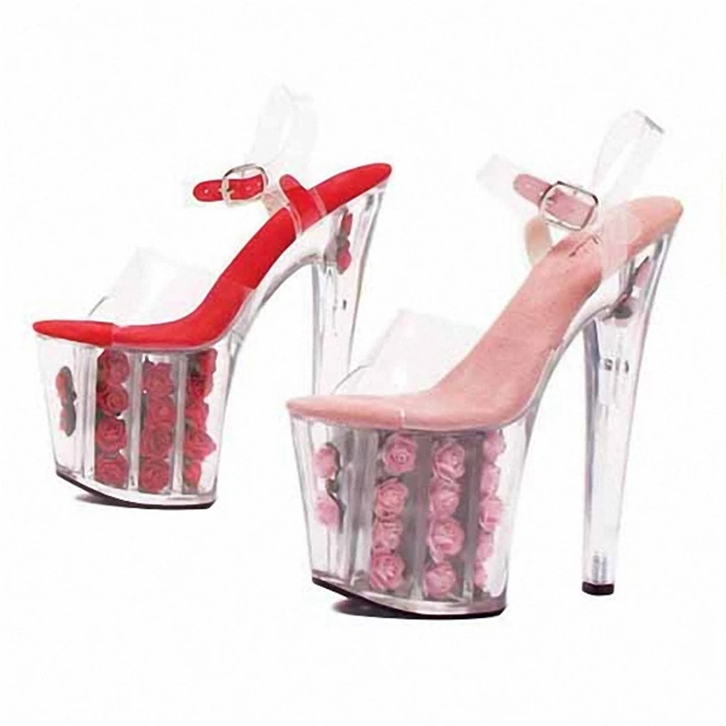 

Glass slipper sandals female thin heel ultra high heel sky high flower waterproof platform model sexy nightclub 20CM