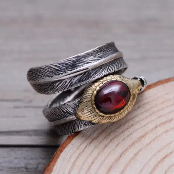 S925 sterling silver ring for men jewelry with Black natural stone garnet retro personality feather thai silver ring for men - Цвет основного камня: RED