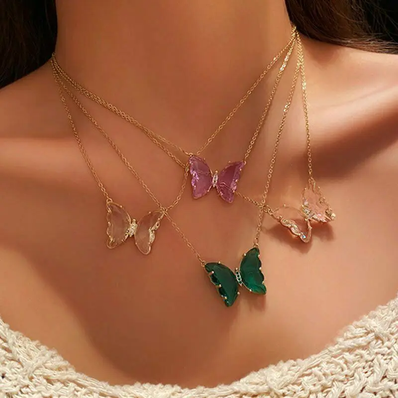 Collares de mariposa de cristal para mujer y niña, de mariposa, collar de cadena joyería de moda para fiesta, regalo|Collares colgantes| -