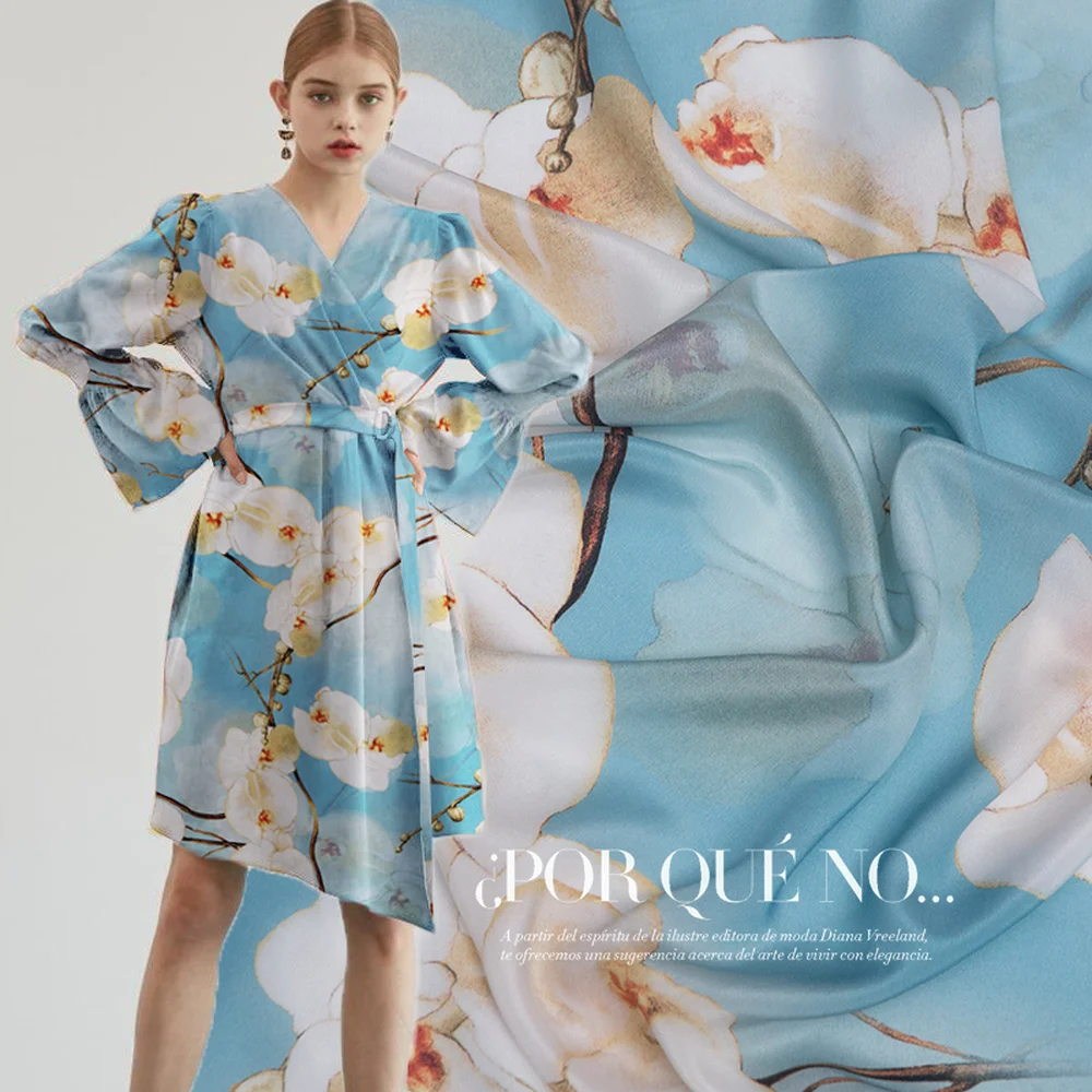 

Blue Sky Peach Blossom Summer Digital Printed Silk Crepe-De-Chine Fabric Skin-Friendly Silk Dress Mulberry Silk Fabric