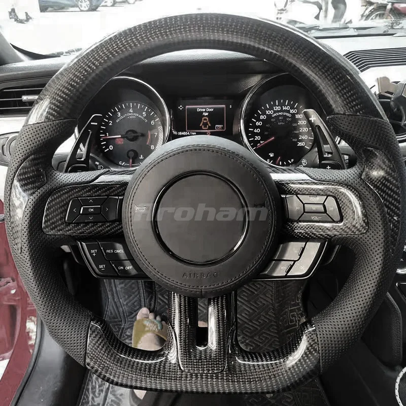 12 O-clock anillo azul volante de fibra de carbono Volante personalizado para bricolaje cuero preforado con costura para Mustang EcoBoost GT Shelby GT350 / GT350R 2018-2020