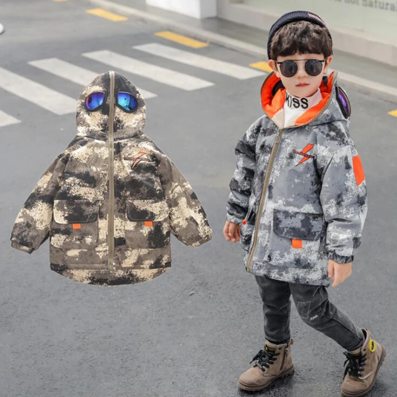 BINIDUCKLING, камуфляжная Зимняя парка, куртка для мальчиков и девочек, хлопковые детские куртки с капюшоном, верхняя одежда