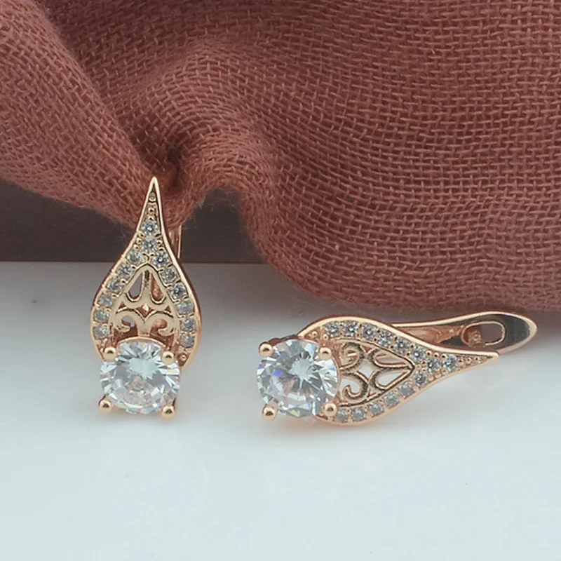 

Women 585 Rose Gold Color Chic Earrings Round Natural Cubic Zircon Dangle Drop Earrings