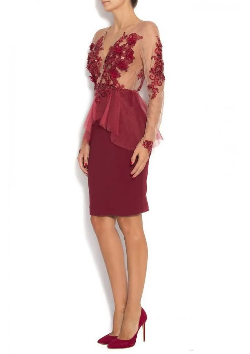 Vestido de madrinha дешевые платья для матери невесты до колена бордовые кружевные свадебные платья с аппликацией для гостей с длинным рукавом
