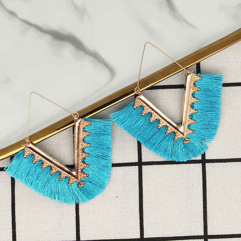 Euramerican Brand Trendy Geometric Metal Alloy V Shaped Dangle Earrings Spring Colorful Cotton Thread Tassel Earring for Women | Украшения