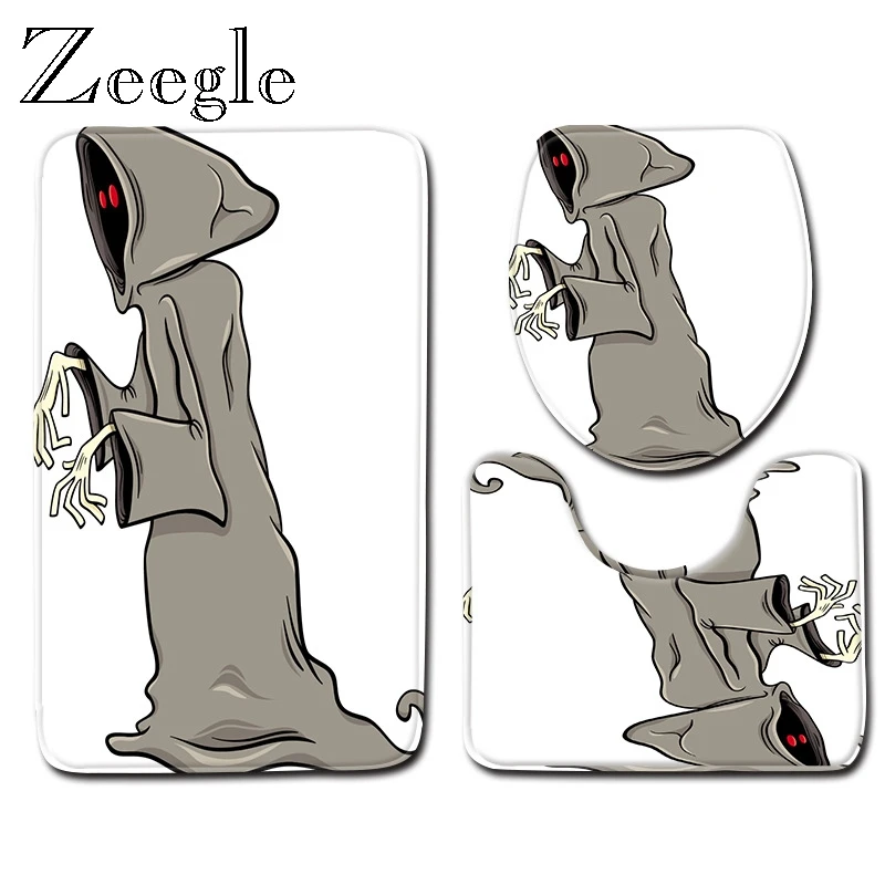 Helloween Bath Mat Set Bathroom Mat Anti Slip Toilet Pedestal Rug Foot Mat Absorbent Toilet Seat Cover Washable 3pcs Toilet Set
