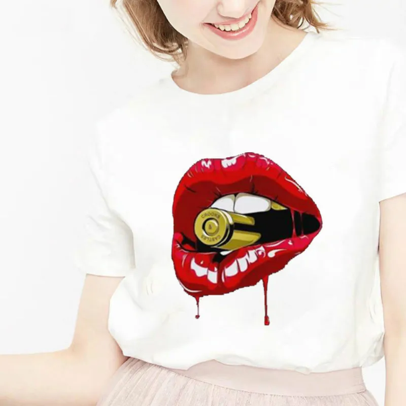 

Camisetas Sexy con labios para mujer, camisetas con estampado de dibujos animados para verano, camisetas para mujer, pantalÃ³n co